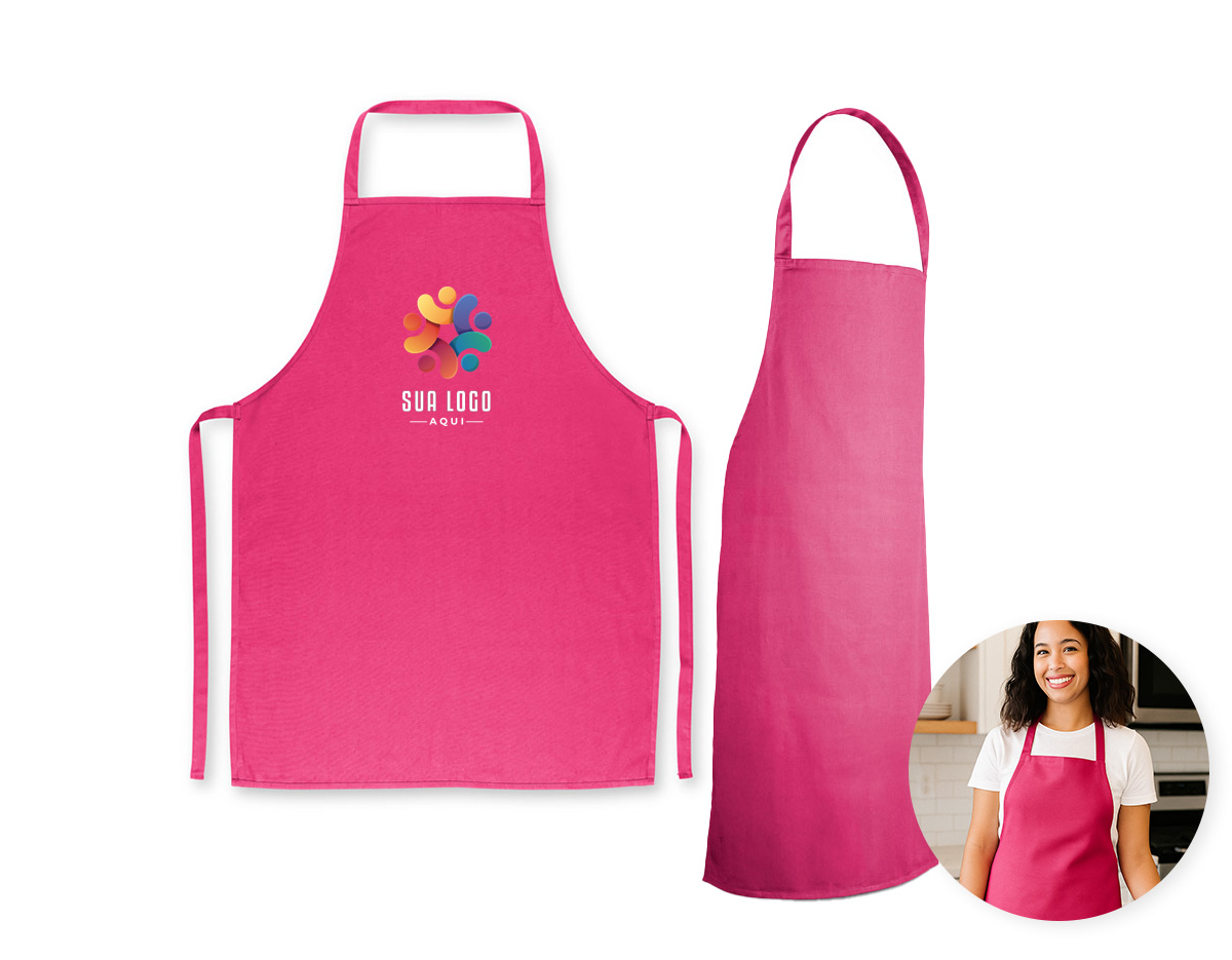 Avental confeccionado em algodão sarjado com gramatura de 180 g/m². Possui tecido resistente e estrutura adequada para uso em atividades culinárias ou profissionais.