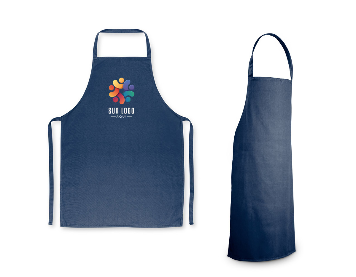 Avental confeccionado em algodão sarjado com gramatura de 180 g/m². Possui tecido resistente e estrutura adequada para uso em atividades culinárias ou profissionais.