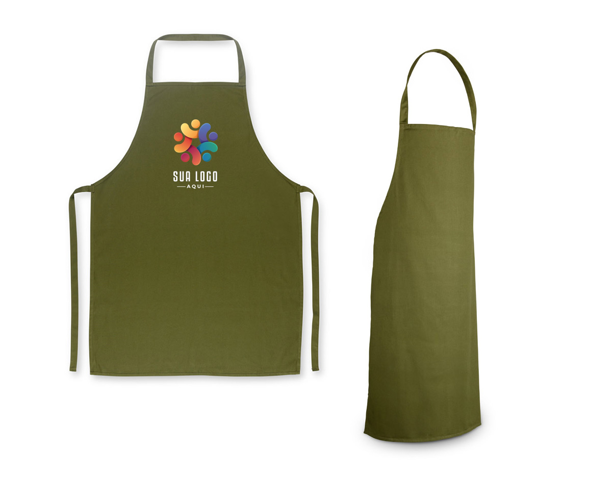 Avental confeccionado em algodão sarjado com gramatura de 180 g/m². Possui tecido resistente e estrutura adequada para uso em atividades culinárias ou profissionais.