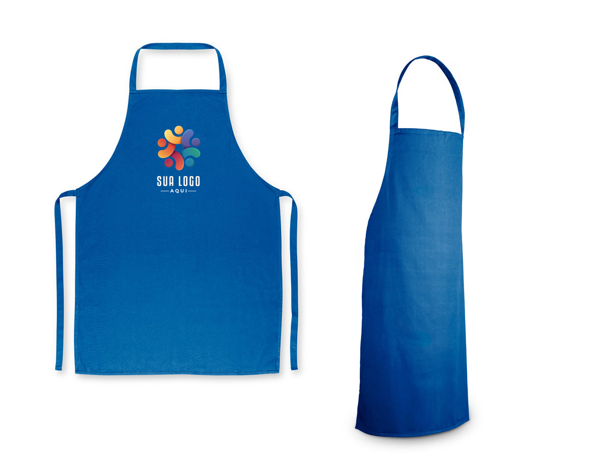 Avental confeccionado em algodão sarjado com gramatura de 180 g/m². Possui tecido resistente e estrutura adequada para uso em atividades culinárias ou profissionais.