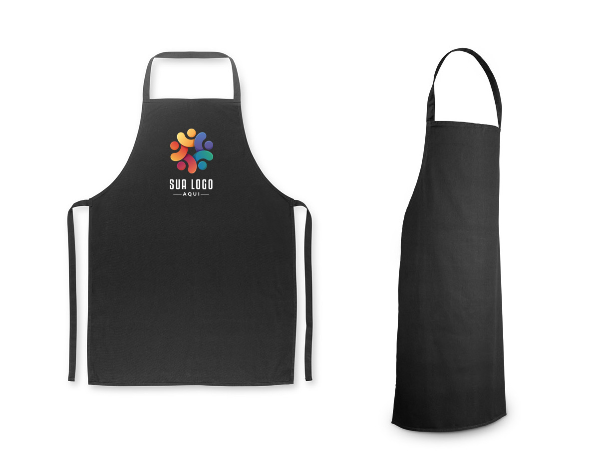 Avental confeccionado em algodão sarjado com gramatura de 180 g/m². Possui tecido resistente e estrutura adequada para uso em atividades culinárias ou profissionais.