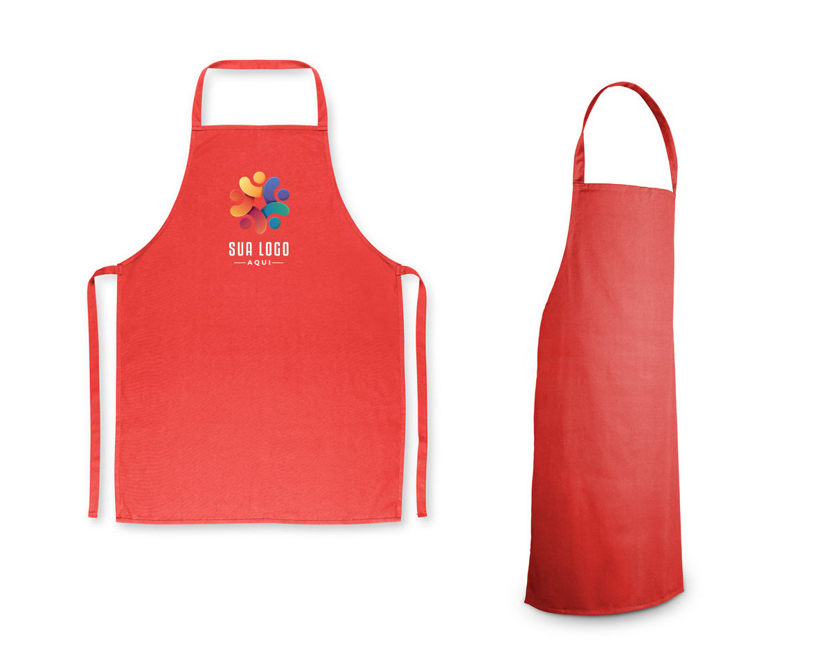 Avental confeccionado em algodão sarjado com gramatura de 180 g/m². Possui tecido resistente e estrutura adequada para uso em atividades culinárias ou profissionais.