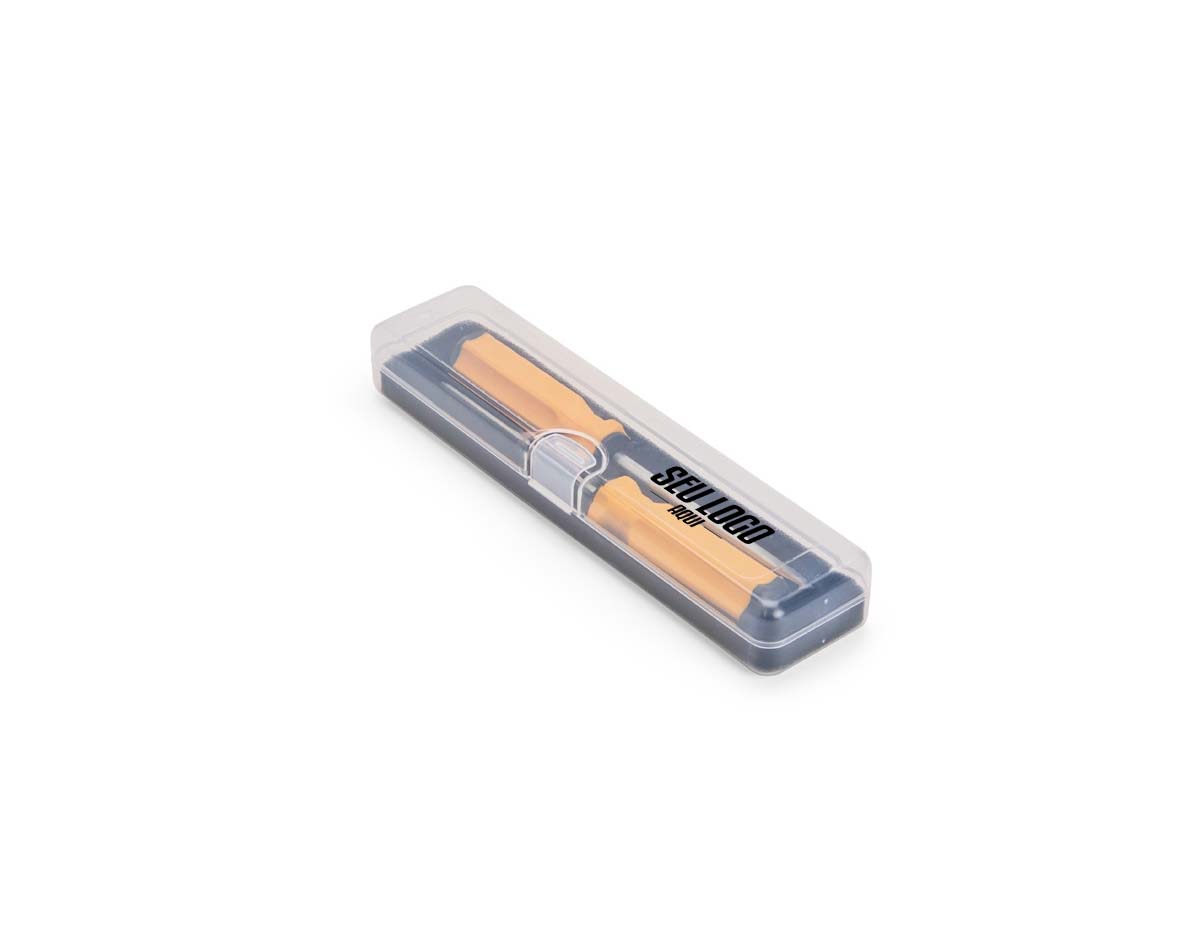 Kit de ferramentas com duas chaves: uma chave de fenda e outra Phillips, ambas com cabo emborrachado ergonômico e ponta metálica. Acompanha estojo plástico com espuma removível para acomodar as ferramentas.