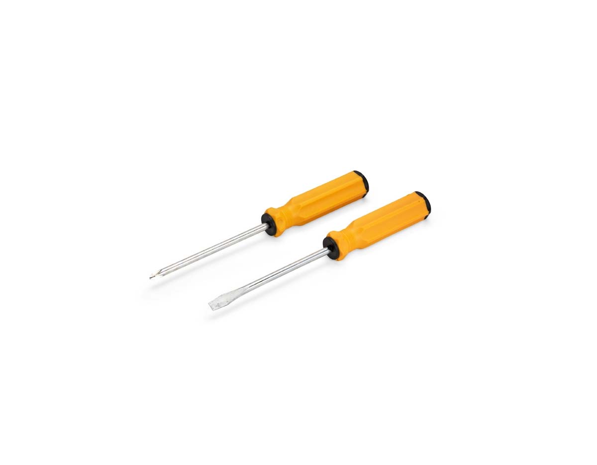 Kit de ferramentas com duas chaves: uma chave de fenda e outra Phillips, ambas com cabo emborrachado ergonômico e ponta metálica. Acompanha estojo plástico com espuma removível para acomodar as ferramentas.