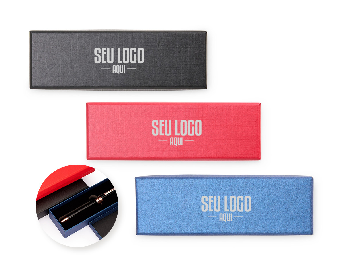 Estojo em papelão com revestimento removível de duas camadas em espuma, ideal para acomodar uma caneta ou lapiseira com segurança e elegância. Um brinde corporativo funcional e sofisticado, perfeito para valorizar a apresentação do seu presente.