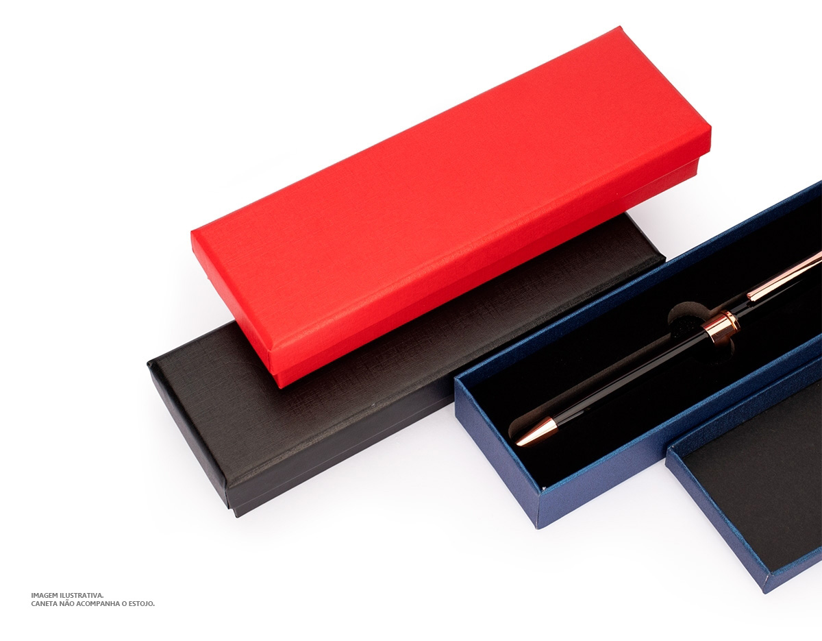 Estojo em papelão com revestimento removível de duas camadas em espuma, ideal para acomodar uma caneta ou lapiseira com segurança e elegância. Um brinde corporativo funcional e sofisticado, perfeito para valorizar a apresentação do seu presente.