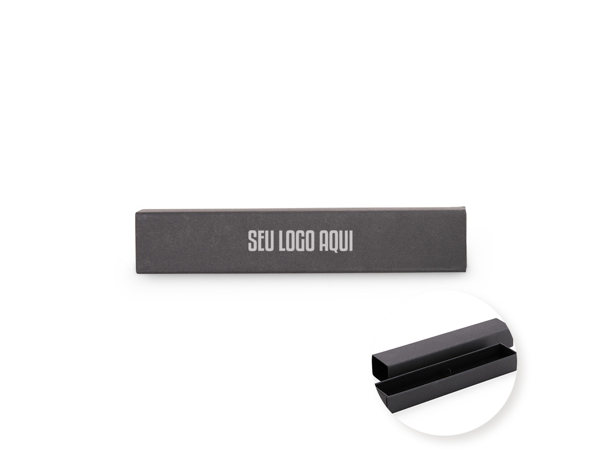Estojo em papelão com abertura tipo gaveta, berço aveludado e elástico para fixar uma caneta com segurança. Um brinde corporativo que alia praticidade e elegância, ideal para valorizar sua marca com sofisticação.