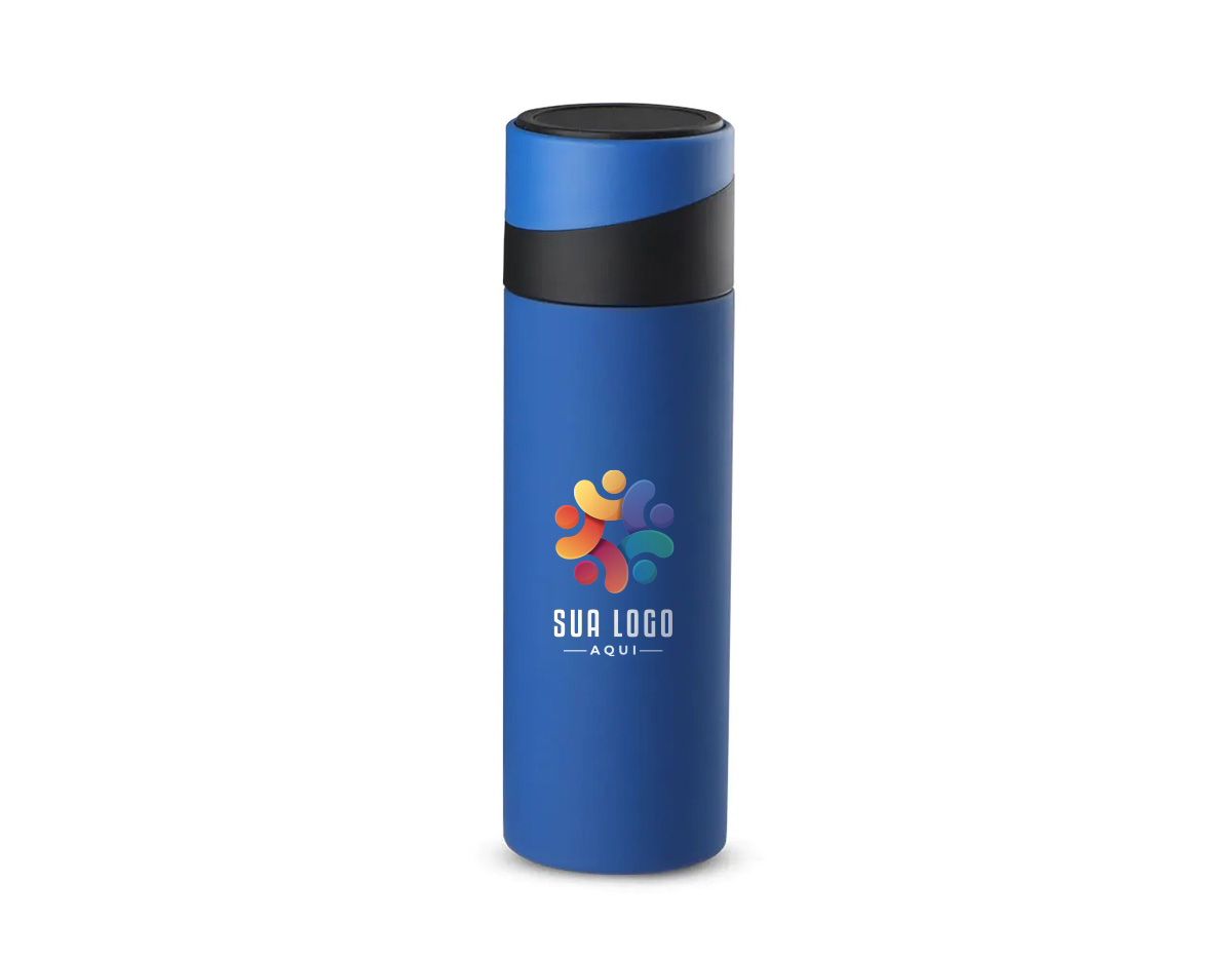Garrafa térmica de 400 ml em aço inox com parede dupla, que mantém a temperatura das bebidas por mais tempo. Possui tampa rosqueável com apoio para celular, unindo praticidade e design moderno, ideal como brinde corporativo que valoriza a utilidade e o estilo no dia a dia.