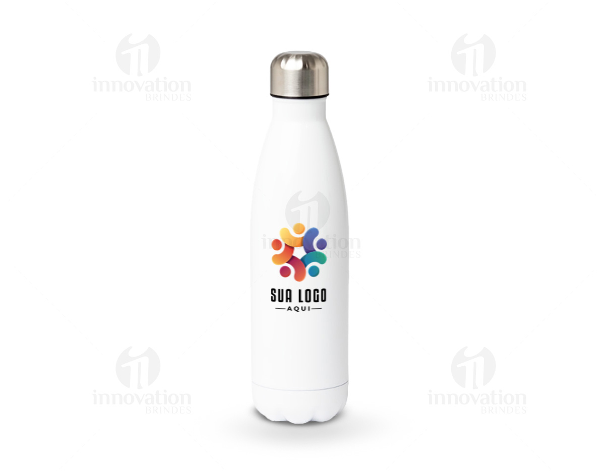 Garrafa térmica feita em inox 304, com capacidade de 500ml. O seu acabamento em um tom brilhante se sobressai entre outros acessórios e itens de uso diário.