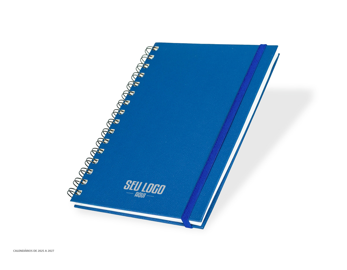 Planner com capa dura em cromato, marca-páginas em fita de cetim e elástico para fechamento. Apresenta páginas dedicadas a dados pessoais, calendários de 2025 a 2027 e espaços para anotações diárias e semanais durante todo o ano.