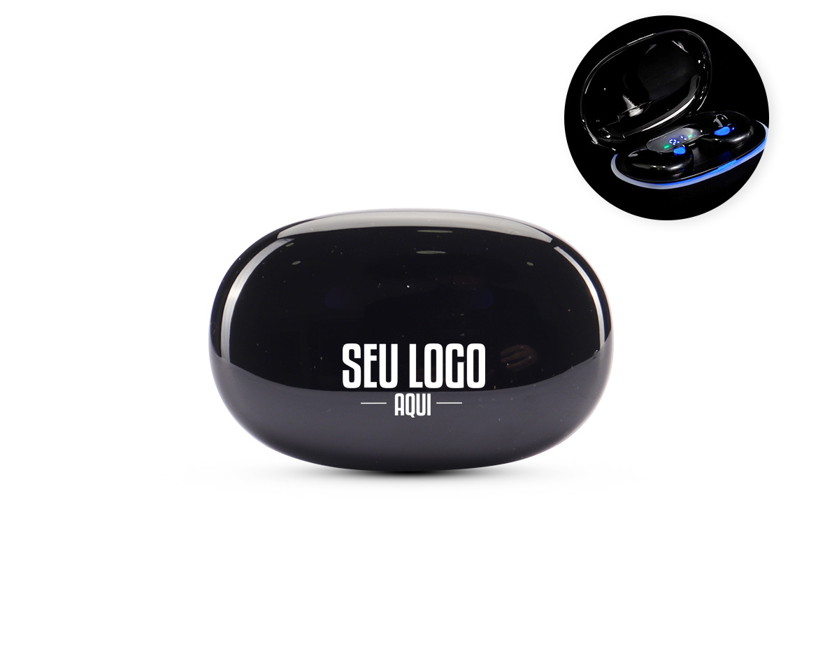 Fones de ouvido intra-auriculares sem fio, com estrutura leve e compacta em plástico e conexão via Bluetooth 5.3, garantindo estabilidade durante o uso. Possui estojo de carregamento com display de LED para visualizar o nível de carga. Acompanha cabo USB-C.