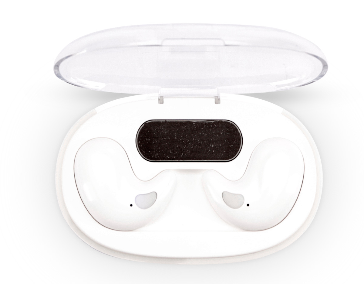 Fones de ouvido intra-auriculares sem fio, com estrutura leve e compacta em plástico e conexão via Bluetooth 5.3, garantindo estabilidade durante o uso. Possui estojo de carregamento com display de LED para visualizar o nível de carga. Acompanha cabo USB-C.