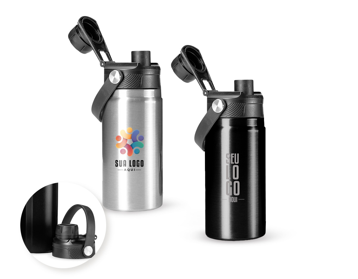 Garrafa térmica em inox com capacidade para até 400ml. Apresenta estrutura de parede dupla e vedação a vácuo, que mantém a temperatura de líquidos por mais tempo sem transferência para o exterior. Possui tampa plástica rosqueável com protetor de o bocal e alça fixa para transporte.