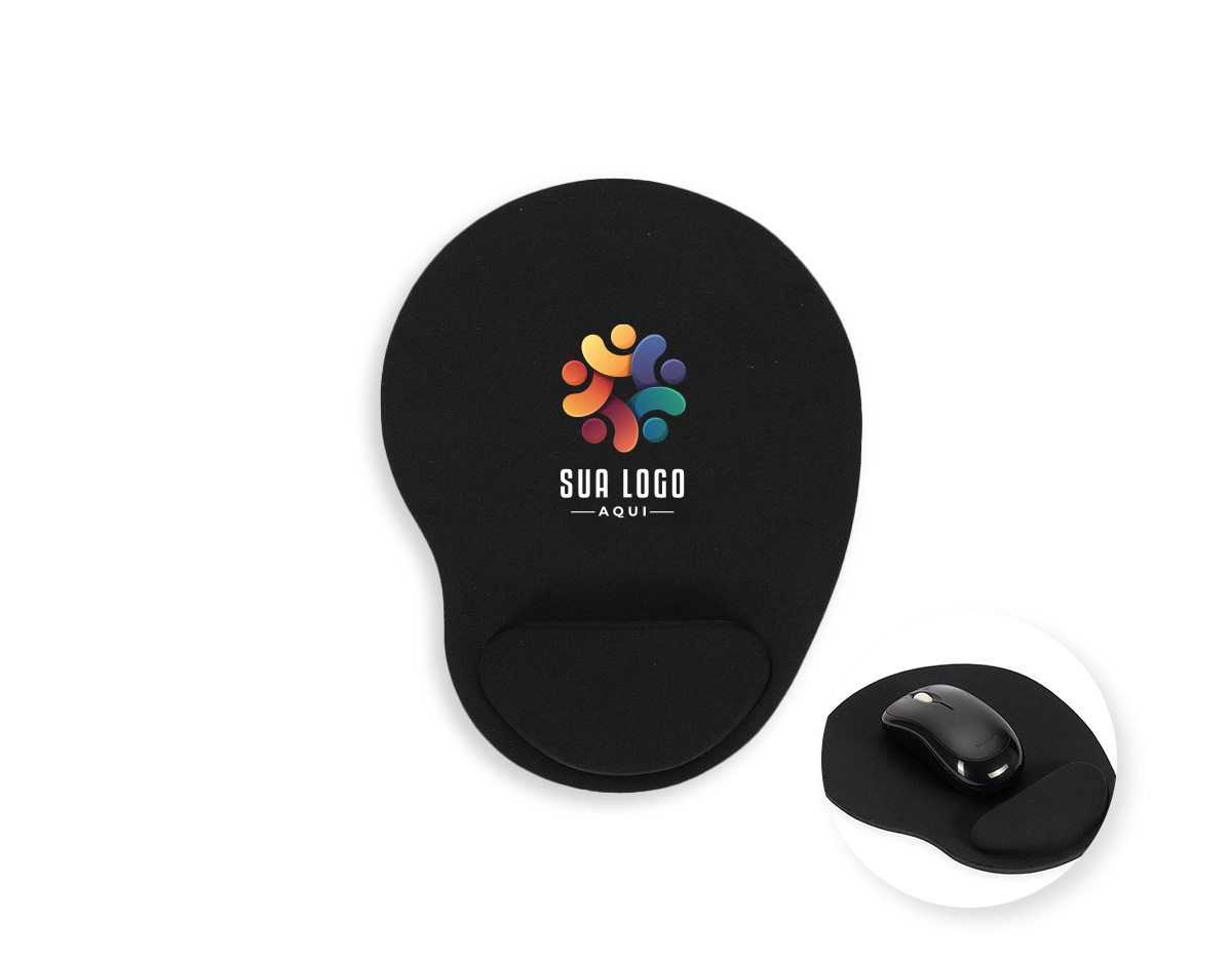 Mouse pad feito em poliéster e base em EVA. Possui design ergonômico que oferece maior conforto durante o uso graças ao seu apoio de punho com enchimento de espuma macia.