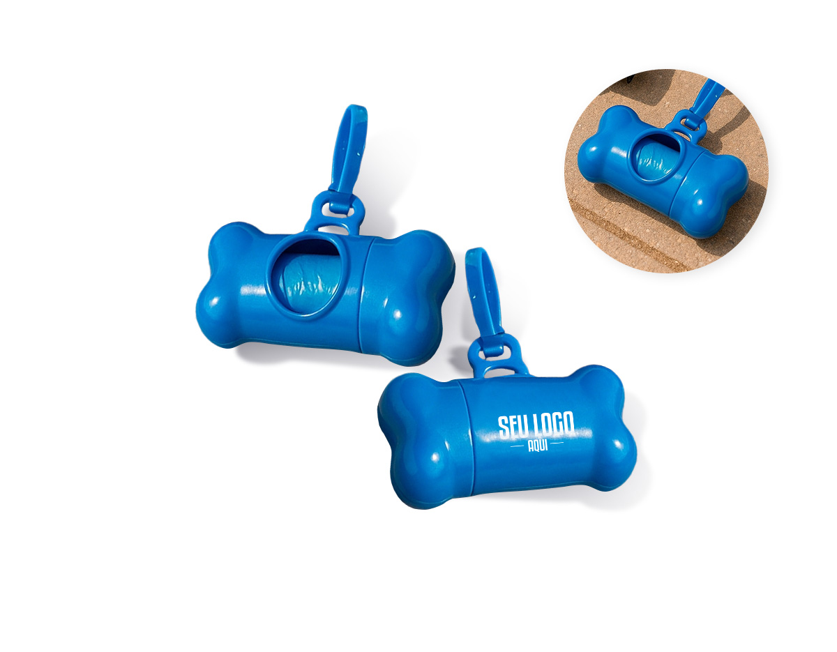 Kit de saquinhos coletores em formato de osso. Feito em plástico, possui abertura rosqueável que permite encaixar o refil, além de espaço para a retirada dos saquinhos. Acompanha mosquetão de plástico e refil de saquinhos.