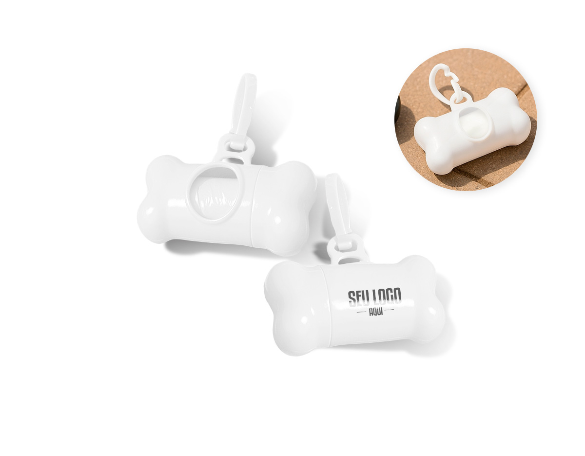 Kit de saquinhos coletores em formato de osso. Feito em plástico, possui abertura rosqueável que permite encaixar o refil, além de espaço para a retirada dos saquinhos. Acompanha mosquetão de plástico e refil de saquinhos.