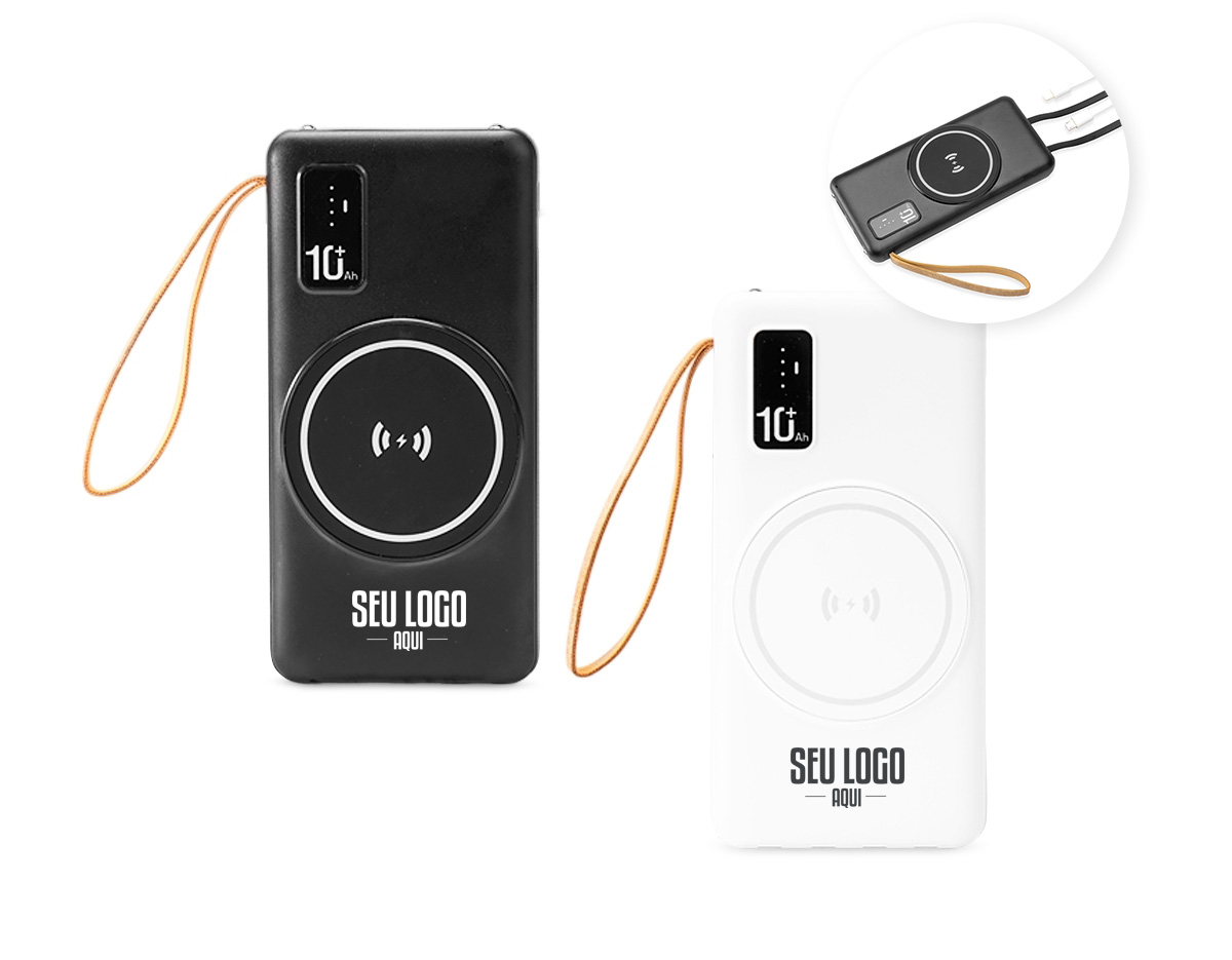 ower Bank em plástico com capacidade de 10.000mAh. Possui quatro cabos integrados com saídas para Lightning, USB-C, Micro-USB e USB, além de área de recarga por indução magnética para dispositivos compatíveis e lanterna de LED. Conta ainda com entradas USB-A e USB-C para recarga do próprio aparelho e alça de tecido sintético para transporte.