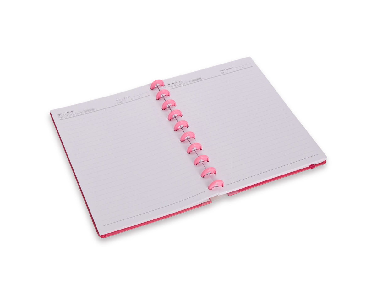 Caderno capa dura em papelão, com elástico para fechamento e encadernação em discos plásticos reposicionáveis, que permitem acrescentar ou remover folhas compatíveis com facilidade. Conta com aproximadamente 80 folhas brancas pautadas.