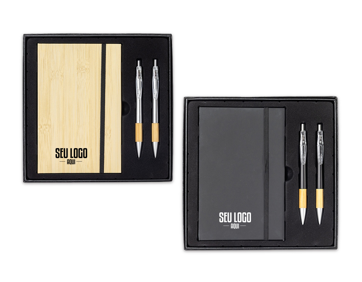 Kit executivo com três peças, composto por uma caderneta, uma caneta e uma lapiseira. A caderneta possui capa dura em papelão reforçado, fechamento em elástico, cerca de 82 folhas pautadas, bloco de folhas amarelas e outro com marcadores autoadesivos coloridos. A caneta e a lapiseira contam com corpo em plástico e detalhes em bambu. Além disso, a caneta possui carga esferográfica azul de 1,0 mm, enquanto a lapiseira dispõe de grafite de 0,7 mm. Acompanha caixa em papelão com berço em plástico para guardar os itens do conjunto.
Bloco de Anotação: 18,8 cm x 11,5 cm x 1,3 cm, Caneta: 13,8 cm x 1,5 cm Lapiseira: 13,7 cm x 1,5 cm.