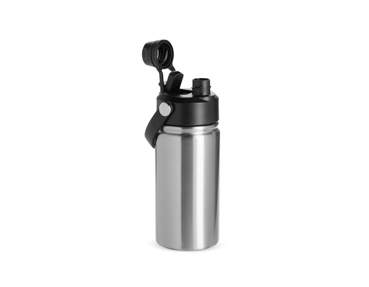 Garrafa térmica em inox com capacidade máxima para 400ml. Apresenta estrutura de parede dupla com vedação a vácuo, garantindo a conservação da temperatura de líquidos por mais tempo. Possui tampa plástica rosqueável com protetor para o bocal, bico flip, canudo interno removível e alça fixa para transporte.