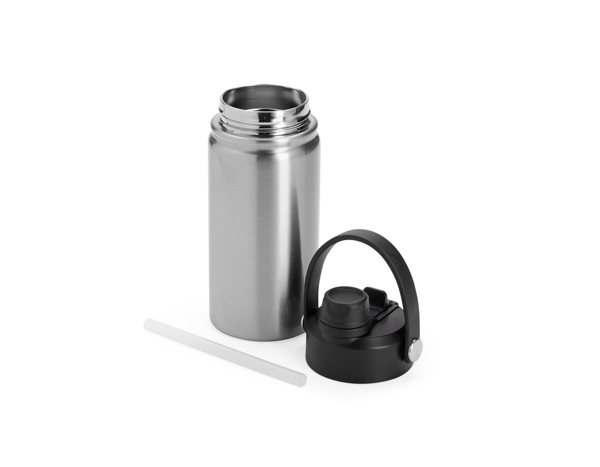 Garrafa térmica em inox com capacidade máxima para 400ml. Apresenta estrutura de parede dupla com vedação a vácuo, garantindo a conservação da temperatura de líquidos por mais tempo. Possui tampa plástica rosqueável com protetor para o bocal, bico flip, canudo interno removível e alça fixa para transporte.