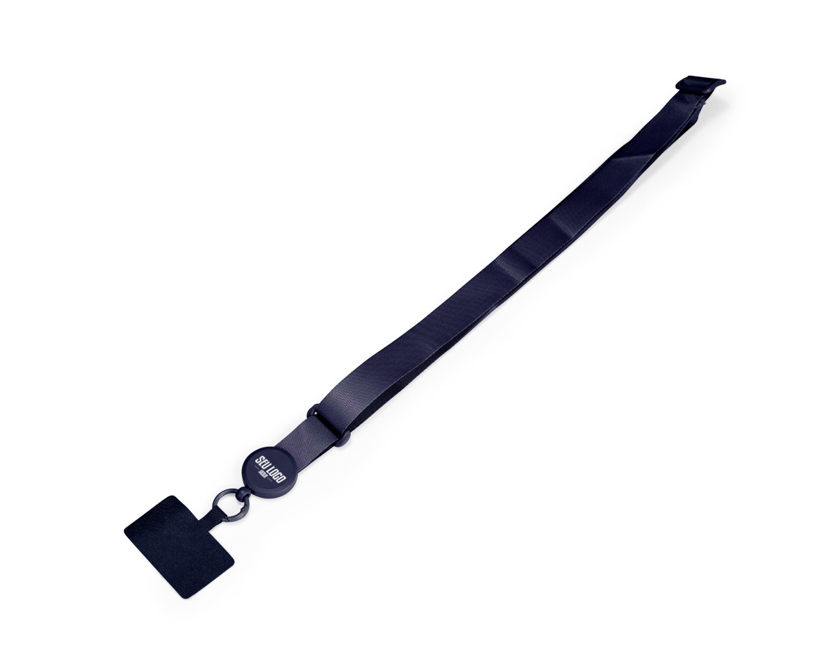 CCordão com alça ajustável para celular feito em poliéster. O acessório é fixado a um cartão retangular que se encaixa na parte interna da capa do celular, próximo à entrada de carregamento USB. Comprimento máximo 71cm