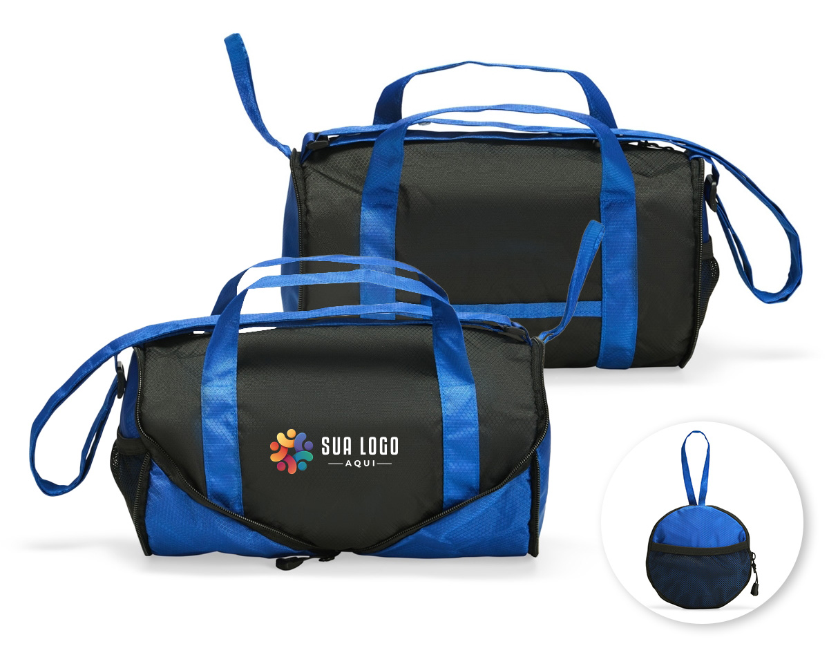 Bolsa esportiva em poliéster 420D resistente à água, com fechamento em zíper e capacidade de 6 litros. Quando dobrada, mantém formato arredondado com bolso telado e uma alça de mão para transporte. Aberta, possui dois bolsos externos: um frontal aberto e outro lateral em tela de nylon com elástico. Conta ainda com duas alças laterais fixas e uma alça transversal ajustável.