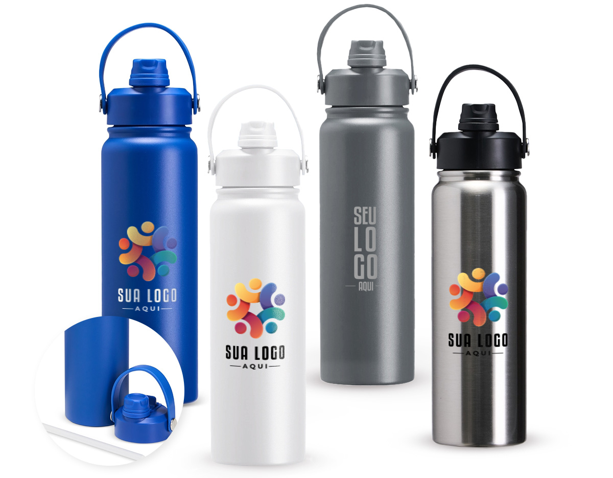 Garrafa térmica em inox com pintura eletrostática e capacidade máxima de 800ml. Possui estrutura interna de parede dupla em inox 304 e vedação a vácuo que permite a manutenção de temperatura de líquidos por mais tempo. Possui tampa rosqueável feita em plástico com proteção para o bocal, bico flip, canudo interno removível e alça fixa maleável para transporte.