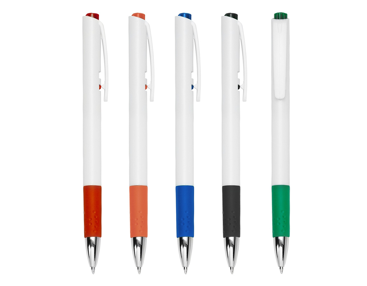 Caneta plástica com detalhe emborrachado que oferece conforto na escrita. Possui carga esferográfica azul e acionamento por clique, garantindo praticidade no uso diário. Um brinde corporativo funcional e moderno, ideal para destacar sua marca.