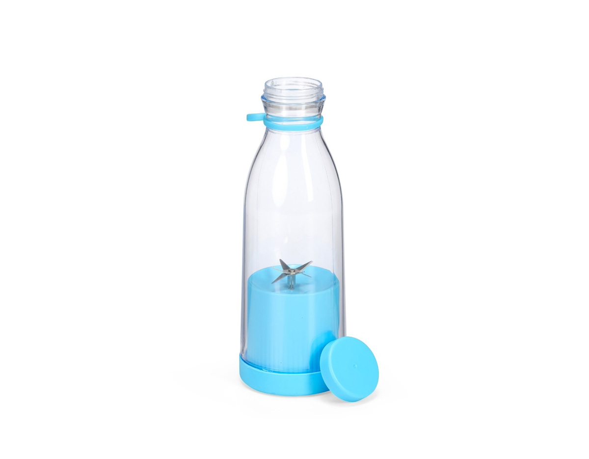 Garrafa plástica com base misturadora para frutas com capacidade máxima de 380ml. Possui base rosqueável com lâminas em inox acionadas por botão, permitindo a mistura de frutas com líquidos, além de tampa rosqueável e alça removível em silicone para transporte. Observação: Para que o triturador funcione corretamente, o volume de frutas e líquidos não deve ultrapassar 300ml.