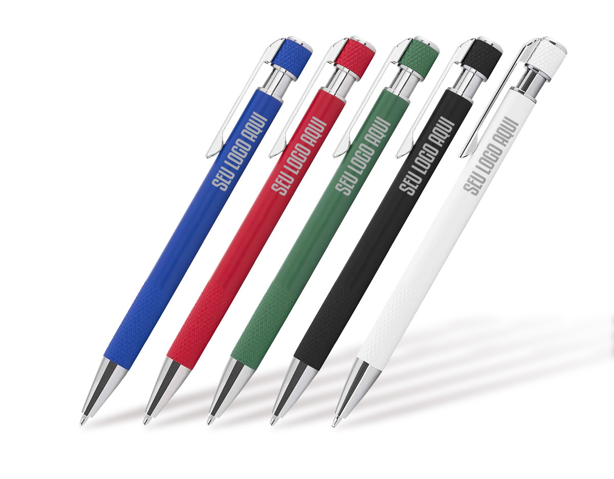 Caneta esferográfica em alumínio reciclado, com acionador e clipe cromado, escrita suave em tinta azul. Refil substituível tipo Parker garante durabilidade. Design elegante e sustentável, ideal como brinde corporativo que reforça sua marca com estilo e responsabilidade ambiental.