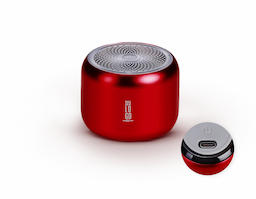 Caixa de som com estrutura em metal e plástico. Possui base emborrachada com botão liga/desliga, conexão Bluetooth 5.0, autonomia de reprodução estimada de até 2 horas e meia e entrada USB-C para carregamento. Acompanha cordão de nylon e cabo USB-C.