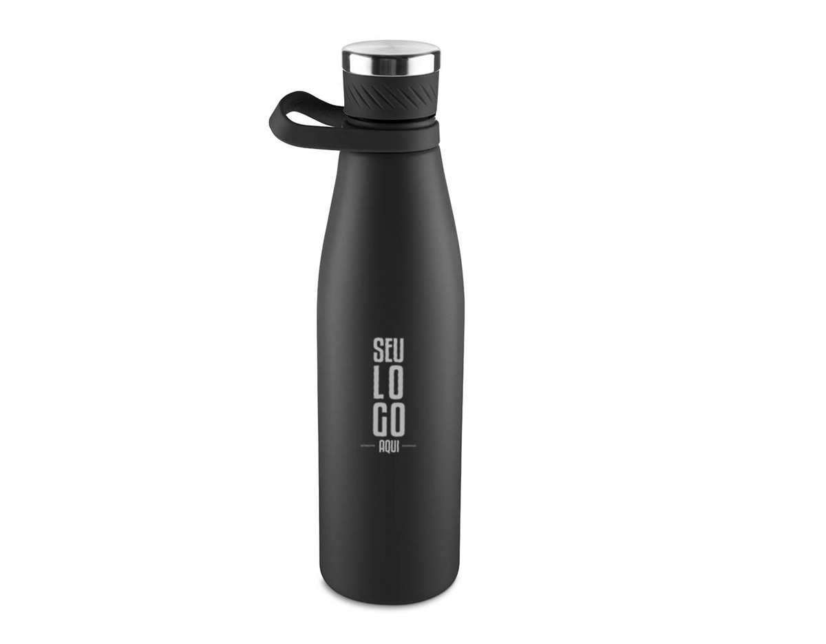 Garrafa térmica de 750 ml com parede dupla em inox (interno 304 / externo 201), acabamento com pintura a pó e tampa em inox 201 com anel de silicone para vedação, possui alça em silicone para transporte.