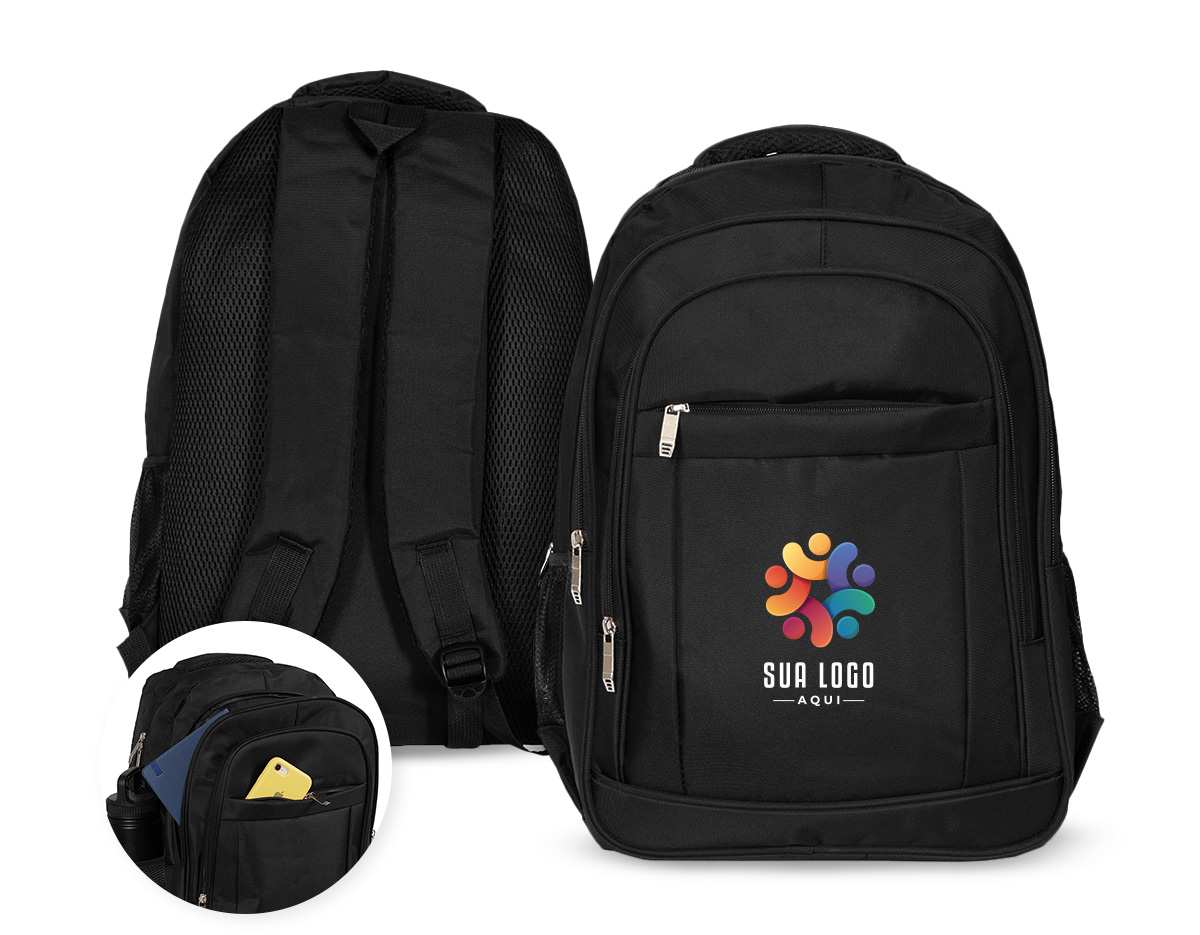 Mochila confeccionada em poliéster 900D impermeável, com fechamento em zíper e capacidade para até 32 litros. Possui compartimento interno com divisória para notebooks de até 17,3 polegadas. Conta ainda com três compartimentos frontais em tamanhos diferentes e dois bolsos laterais em malha com elástico, além de revestimento em tecido respirável na parte posterior, nas alças para as costas e na alça de mão.