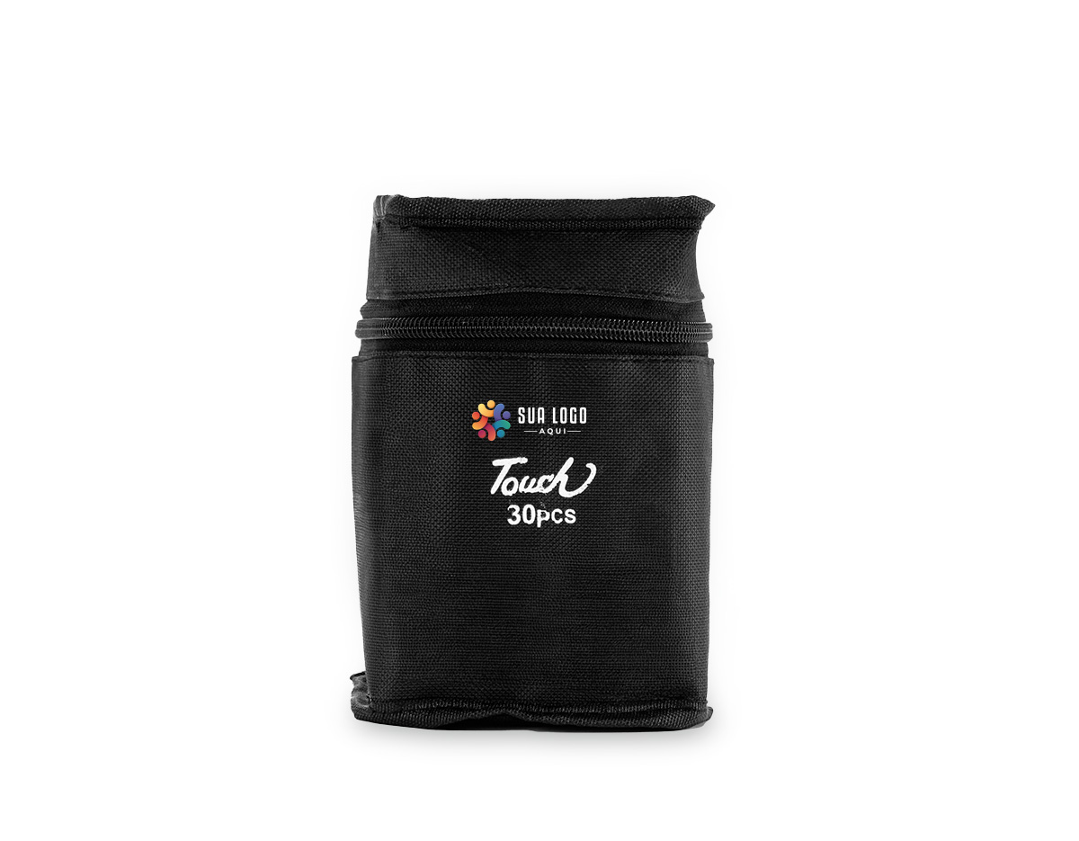Kit com 30 canetas marcadoras feitas em plástico com pontas duplas: uma fina e outra chanfrada. Acompanham bolsa com alça e fechamento em zíper para transporte.