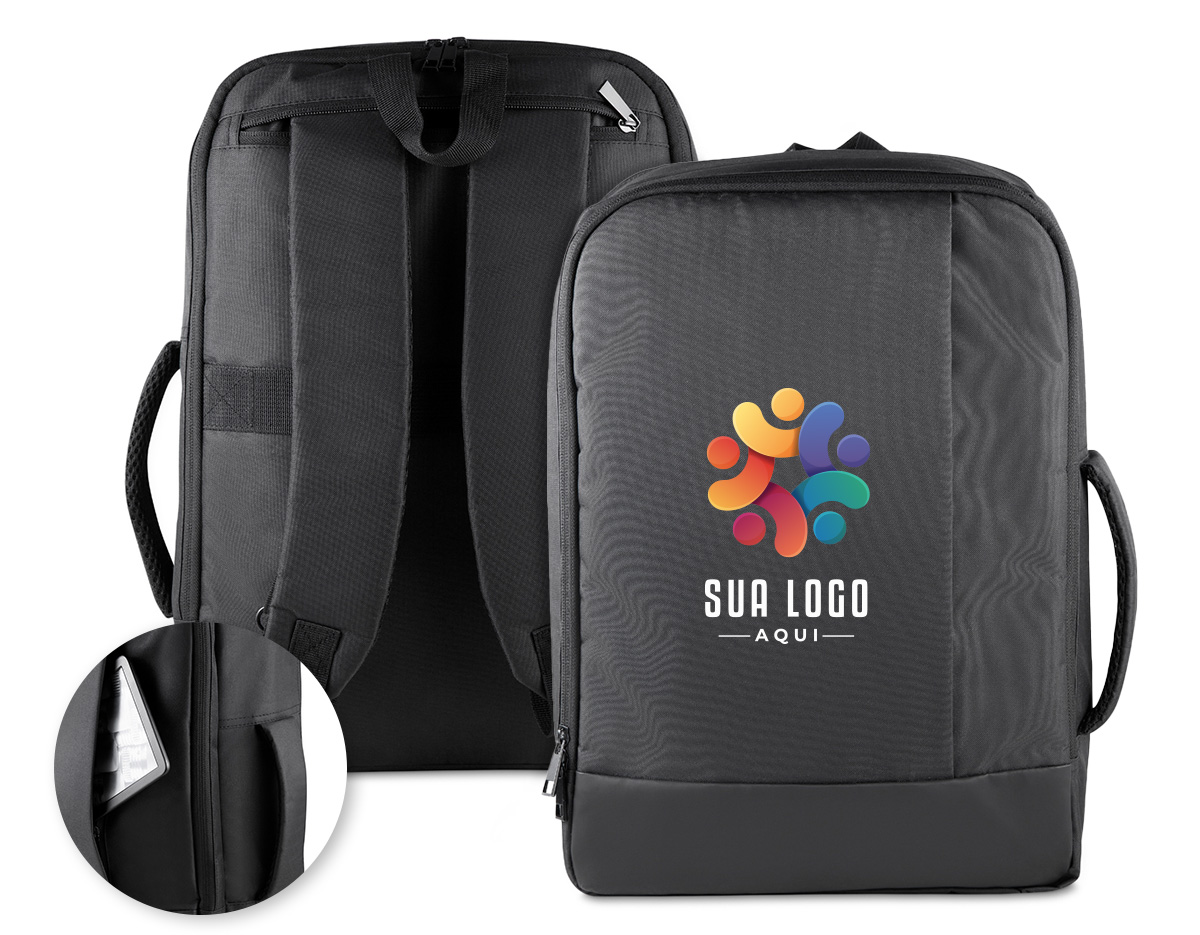 Mochila/pasta confeccionada em poliéster 300D com detalhe em PU e interior em poliéster 210D, unindo resistência e sofisticação. Possui alças lateral e de ombro acolchoadas, alça de mão e engate para mala de viagem. Conta com bolso frontal com zíper, compartimento interno para notebook de até 15,6” e bolso traseiro que permite ocultar as alças. Um brinde corporativo versátil, funcional e ideal para o dia a dia profissional.