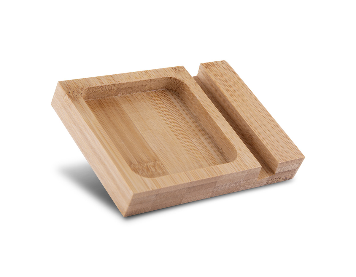 Porta-objetos e suporte para celular confeccionado em feltro reciclado, com detalhe em bambu que agrega um toque natural e moderno. Ideal para organizar canetas, lápis e marcadores, mantendo a mesa de escritório funcional e organizada. Brinde sustentável, prático e elegante para ações corporativas.