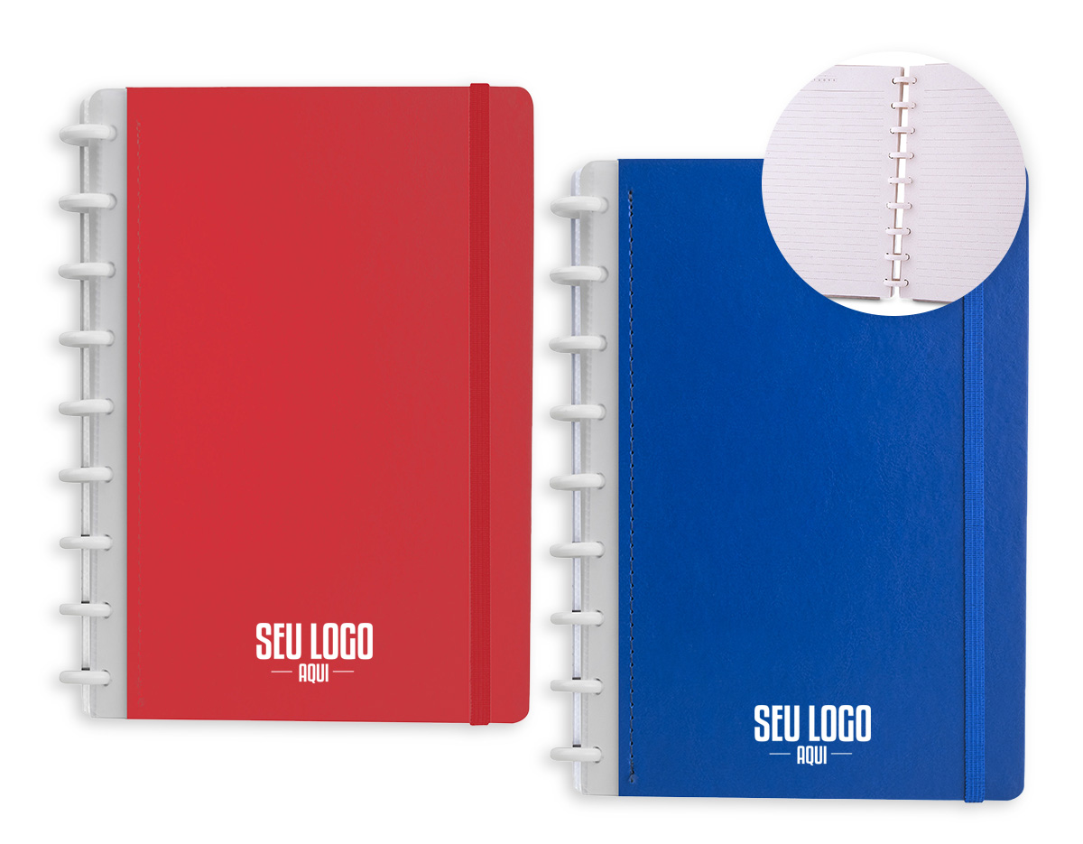Caderno de anotações com folhas removíveis, ideal para organização e praticidade no dia a dia. Possui capa dura cartonada revestida em material sintético, 80 folhas pautadas em papel 75 g/m², calendário anual e manual de instruções. Conta ainda com bolso plástico interno para documentos e elástico para fechamento seguro, sendo um brinde corporativo funcional e elegante.