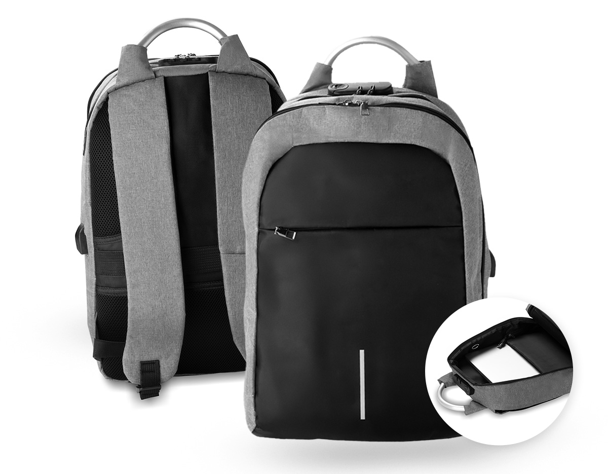 Mochila confeccionada em tecido externo de poliéster 300D e tecido interno em poliéster 210D. Possui fechamento em cadeado com segredo, bolso frontal com zíper, faixa reflexiva na parte frontal, saída USB e para fone de ouvido. Conta com alça de mão em metal, alça de ombro acolchoada, engate para mala de viagem e dois grandes compartimentos com fechamento em zíper, sendo um para pequenos
objetos e outro específico para notebook de até 15,6”.
