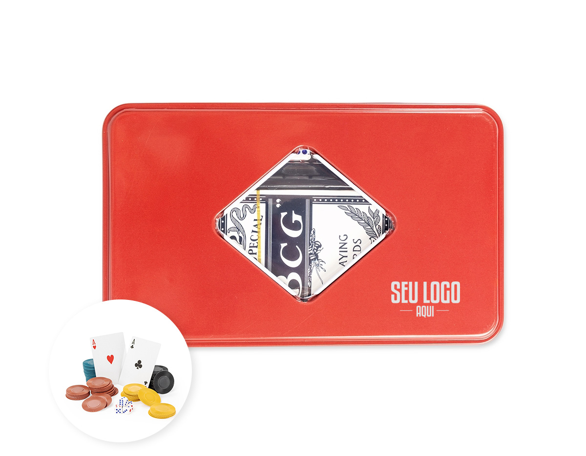 Kit poker composto por um baralho completo com 54 cartas, 100 fichas plásticas divididas em quatro cores diferentes, uma ficha de dealer e quatro dados de seis faces. Acompanha estojo metálico e folheto de regras em inglês.