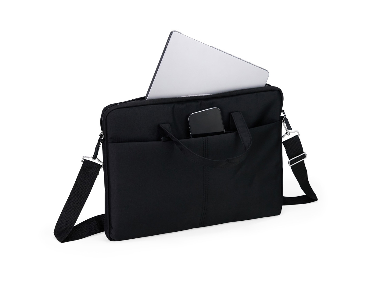 Pasta para notebook em poliéster impermeável, fechamento em zíper e capacidade para dispositivos de até 15,6 polegadas. Possui compartimento principal acolchoado e bolso frontal. Conta ainda com duas alças de mão, duas abas menores para encaixe de alça transversal removível e faixa posterior para acoplar em malas. Acompanha alça transversal ajustável.