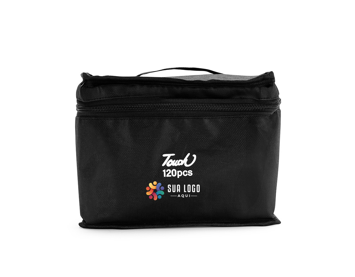 Kit com 120 canetas marcadoras feitas em plástico com pontas duplas: uma fina e outra chanfrada. Acompanham bolsa com alça e fechamento em zíper para transporte.
