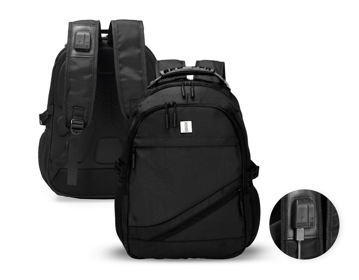 Mochila confeccionada em PVC Jacquard com mescla em seda, resistente à água, fechamento em zíper no compartimento principal e capacidade de até 23 litros. Possui uma placa metálica para personalização, três compartimentos frontais, dois bolsos laterais em tela de nylon e bolso traseiro para notebook de até 15,3 polegadas. Conta ainda com engates laterais ajustáveis, alça superior em plástico e silicone, alças acolchoadas, adaptadores USB e P2 e painel traseiro estofado. Acompanha capa protetora em tecido sintético.