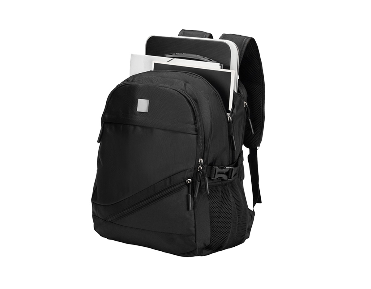 Mochila confeccionada em PVC Jacquard com mescla em seda, resistente à água, fechamento em zíper no compartimento principal e capacidade de até 23 litros. Possui uma placa metálica para personalização, três compartimentos frontais, dois bolsos laterais em tela de nylon e bolso traseiro para notebook de até 15,3 polegadas. Conta ainda com engates laterais ajustáveis, alça superior em plástico e silicone, alças acolchoadas, adaptadores USB e P2 e painel traseiro estofado. Acompanha capa protetora em tecido sintético.