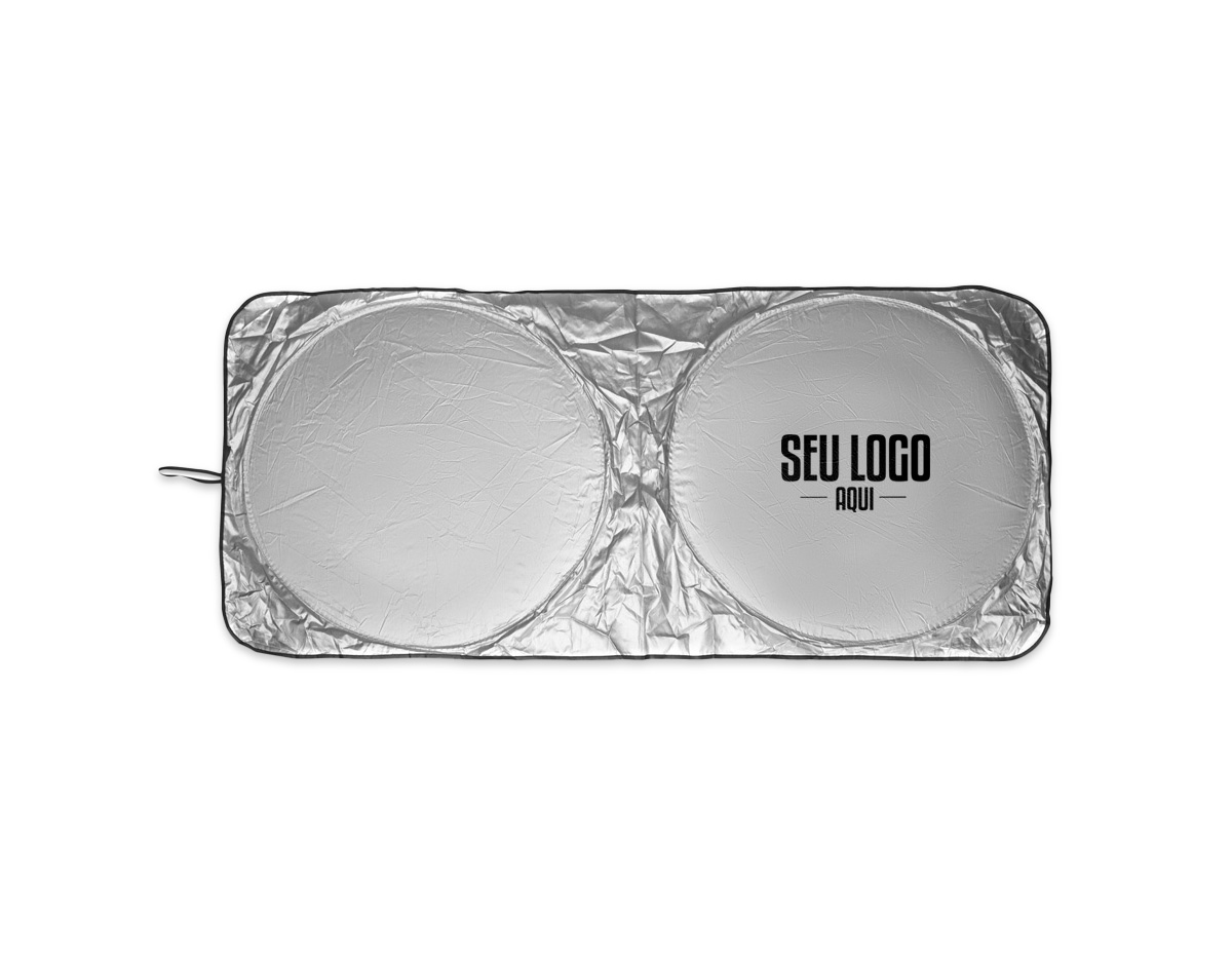 Protetor solar dobrável para para-brisa, confeccionado em tecido leve e com estrutura flexível. Possui alça lateral elástica para facilitar o manuseio.