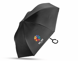 Guarda chuva de abertura invertida manual em nylon impermeável com uma camada interna de forro. Possui estrutura metálica com oito varetas, além de pegador em plástico fosco no formato de C, botão para fechamento e fita com ponta em velcro para lacre.