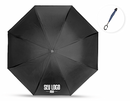 Guarda chuva de abertura invertida manual em nylon impermeável com uma camada interna de forro. Possui estrutura metálica com oito varetas, além de pegador em plástico fosco no formato de C, botão para fechamento e fita com ponta em velcro para lacre.