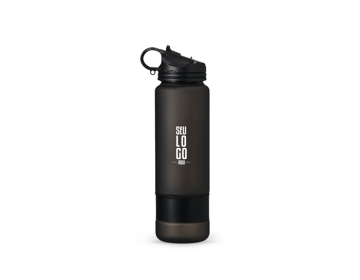 Squeeze plástico com acabamento fosco e marcação de volume, ideal para acompanhar a rotina de hidratação. Possui capacidade máxima de 900 ml, tampa rosqueável com alça fixa, bico flip e canudo interno removível. Acompanha tira emborrachada removível, garantindo praticidade e conforto no uso. Um brinde corporativo funcional, moderno e de grande apelo promocional.