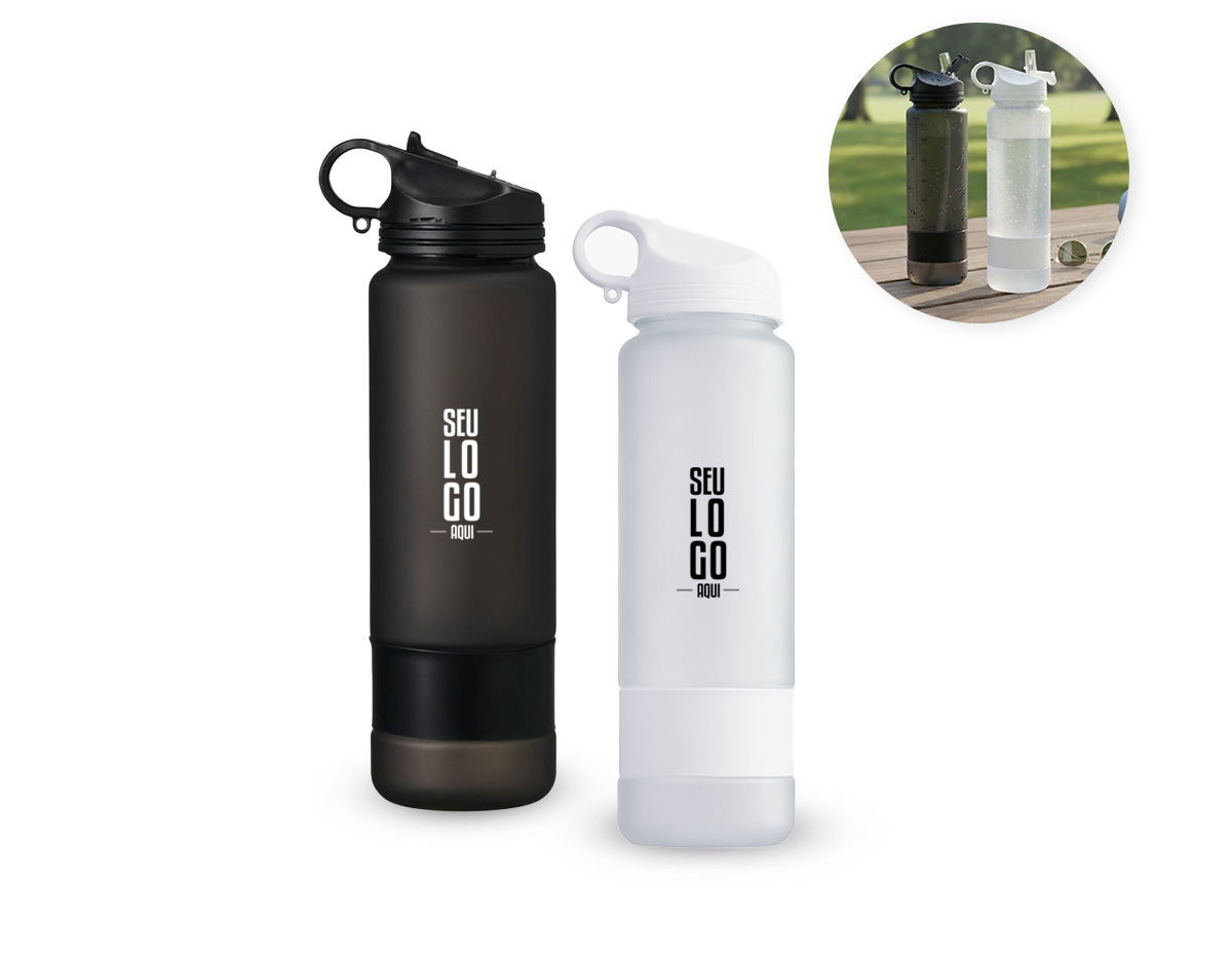 Squeeze plástico com acabamento fosco e marcação de volume, ideal para acompanhar a rotina de hidratação. Possui capacidade máxima de 900 ml, tampa rosqueável com alça fixa, bico flip e canudo interno removível. Acompanha tira emborrachada removível, garantindo praticidade e conforto no uso. Um brinde corporativo funcional, moderno e de grande apelo promocional.