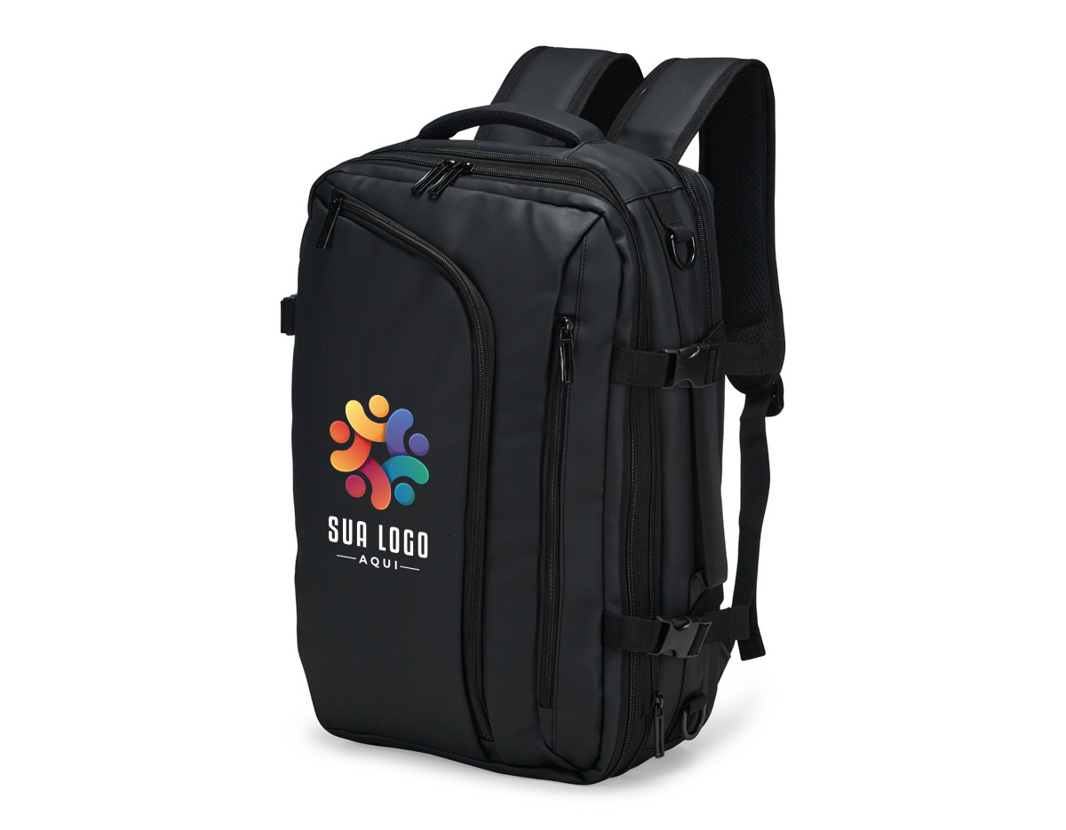 Mochila em nylon com camada de PU impermeável, com capacidade máxima de 28 litros, ideal para viagens, trabalho e uso diário. Possui compartimento interno com sistema de vedação a vácuo para armazenamento de roupas e objetos, além de duas divisórias em poliuretano termoplástico em tamanhos diferentes. Conta com bolsos frontais, bolso lateral em tela e bolso traseiro com divisória para notebook de até 15,6”. Dispõe ainda de alças acolchoadas em espuma respirável, alça lateral para transporte horizontal e alça de ombro ajustável em nylon. Um brinde corporativo moderno, versátil e de alto valor percebido.